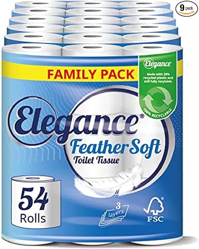 Elegance Feather Soft Toilet Roll - Bulk Buy Pack of 54 Rolls - Ultra Soft, 3-Ply, Recycled, Eco-Friendly, UK Manufactured