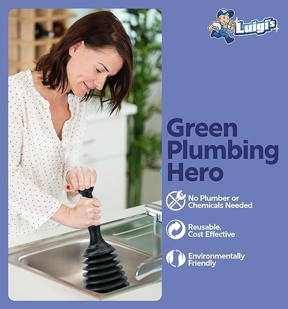 Luigi's Sink and Drain Plunger for Bathrooms, Kitchens, Sinks, Baths and Showers - Powerful Unblocker Tools - Accordion Plungers to Clear and Unblock Blocked Drains - Black