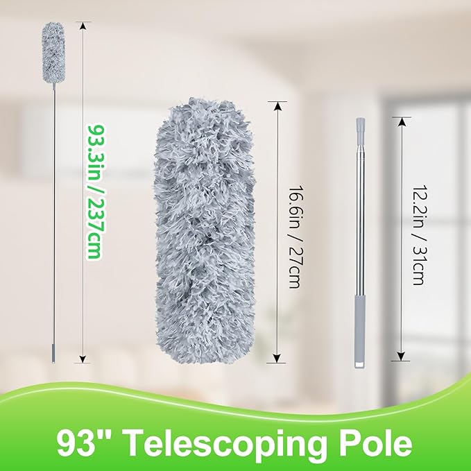 Fogray Extendable Feather Duster, Bendable Microfiber Long Handled with Extra Telescopic Extending Pole and Soft Silicone Cap, Washable Duster for Cleaning Roof, High Ceiling Fan, Blinds, Cobweb