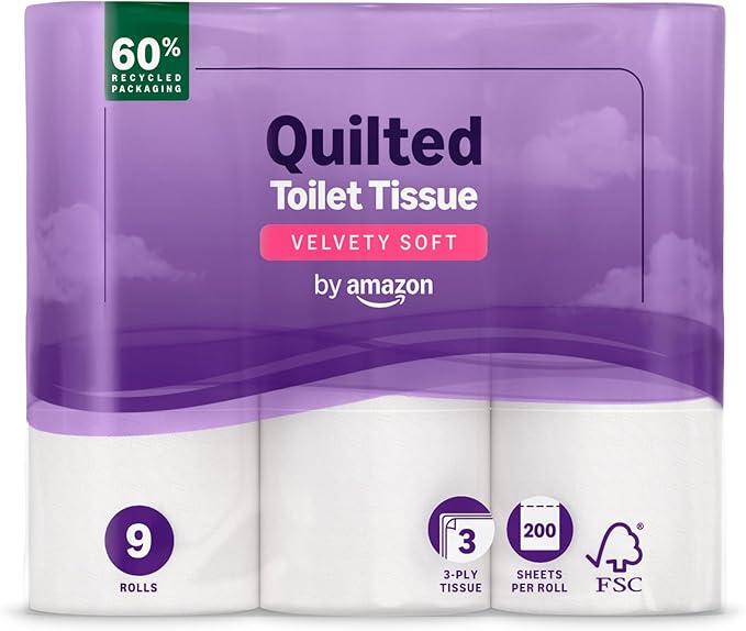 Toilet Roll, 3-ply Quilted, Velvety Soft, 45 Rolls (5 Packs of 9), 200 Sheets per Roll, FSC Certified