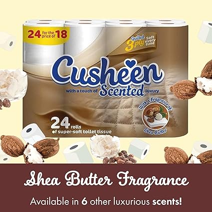 Cusheen by Splesh Toilet Roll Bulk Buy - Pack of 48 Rolls (2 x 24 packs) Quilted White 3 Ply Shea Butter Fragrance Toilet Rolls