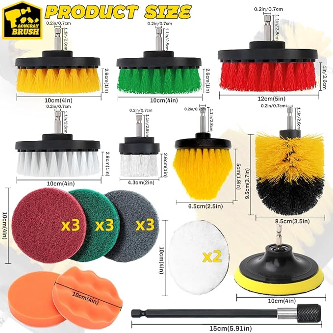 Aongray Drill Brush Attachment Set, 22pcs 1/4in Power Cleaning Brush with Scrub Pads + Extend Long Attachment, Scrubbing Brush for Cleaning Bathroom, Tile, Carpet, Grout, Car Wheels, Kitchen