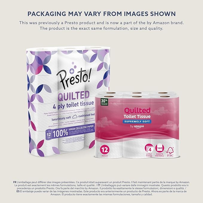 4-Ply Quilted Toilet Tissues, Unscented, 12 Rolls (1 Pack of 12), 160 Sheets per Roll