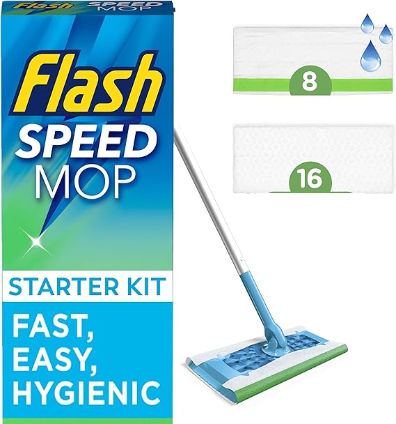 Flash Speedmop Floor Cleaner Starter Kit, Fast Easy and Hygienic (1 Handle, 8 Wet plus 16 Dry Refills), Trap and Lock Daily Dirt, Grease and Grime Without Getting Down On Your Knees