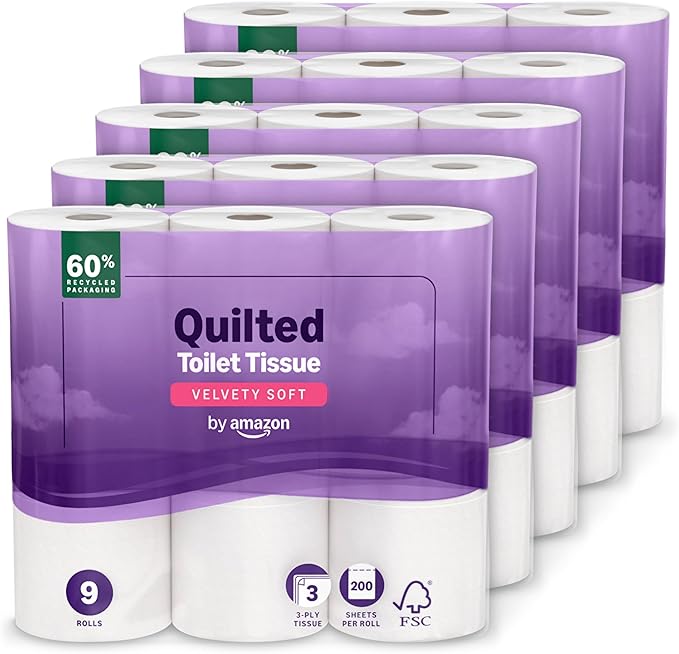 Toilet Roll, 3-ply Quilted, Velvety Soft, 45 Rolls (5 Packs of 9), 200 Sheets per Roll, FSC Certified
