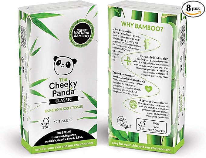 The Cheeky Panda Bamboo Pocket Tissues, 8 Pack of 10 Hypoallergenic Tissues, Ultra Soft, 3-Ply, White, Travel Size