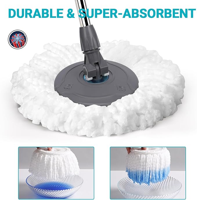 MASTERTOP Spin Mop and Bucket Set, Microfibre Mops with Wringer Bucket and Stainless Steel Handle, Foot Pedal Spin Mop for Cleaning Hardwood Tile Marble Laminate Floors, Send 6 Washable Pads