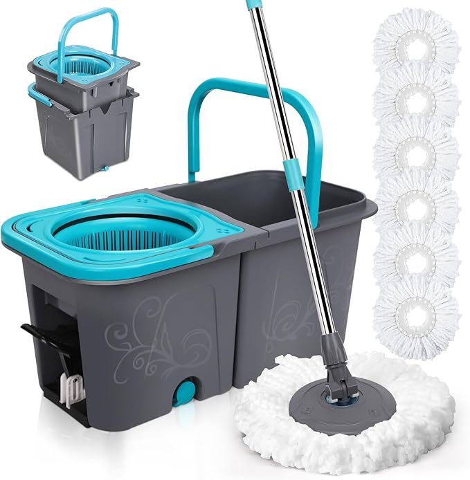 MASTERTOP Spin Mop and Bucket Set, Microfibre Mops with Wringer Bucket and Stainless Steel Handle, Foot Pedal Spin Mop for Cleaning Hardwood Tile Marble Laminate Floors, Send 6 Washable Pads