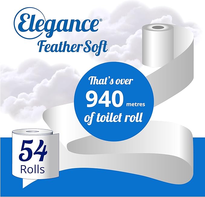 Elegance Feather Soft Toilet Roll - Bulk Buy Pack of 54 Rolls - Ultra Soft, 3-Ply, Recycled, Eco-Friendly, UK Manufactured