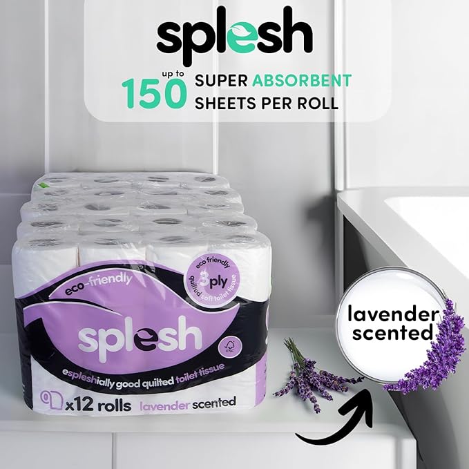 Splesh by Cusheen 3-ply Toilet Roll - Lavender Fragrance (60 Pack) Soft, Quilted Bulk Toilet Rolls, Toilet Tissue and Loo Rolls – Eco-Friendly Toilet Paper Sustainably Crafted in The UK