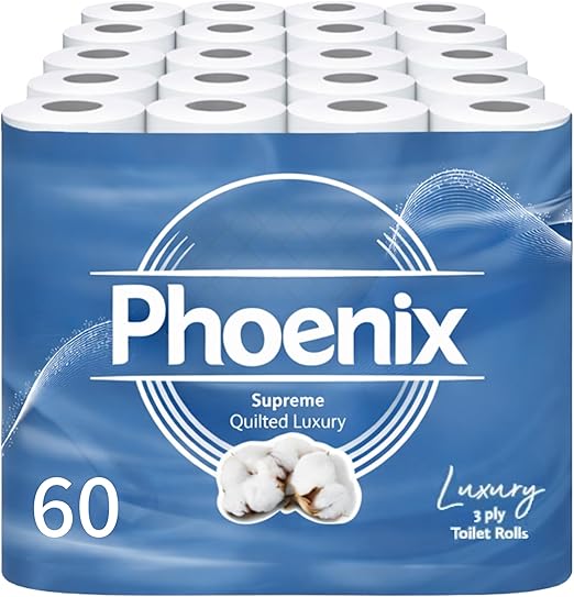 Phoenix Toilet Rolls – 60 Pack | 3 Ply Supreme Unscented Toilet Paper | Bulk Buy, Soft, Quilted, Sustainably Sourced, Eco- Friendly Luxury Bathroom Tissue