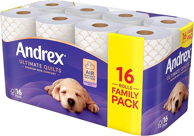 Andrex Supreme Quilts Quilted Toilet Paper - 16 Toilet Roll Pack - 25% Thicker Than Before to Provide Ultimate Quilted Comfort with Unique Air Pocket Texture