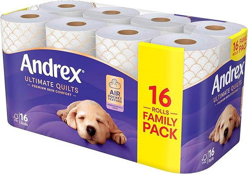 Andrex Supreme Quilts Quilted Toilet Paper - 16 Toilet Roll Pack - 25% Thicker Than Before to Provide Ultimate Quilted Comfort with Unique Air Pocket Texture