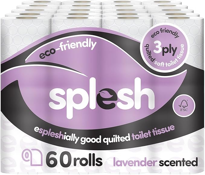 Splesh by Cusheen 3-ply Toilet Roll - Lavender Fragrance (60 Pack) Soft, Quilted Bulk Toilet Rolls, Toilet Tissue and Loo Rolls – Eco-Friendly Toilet Paper Sustainably Crafted in The UK