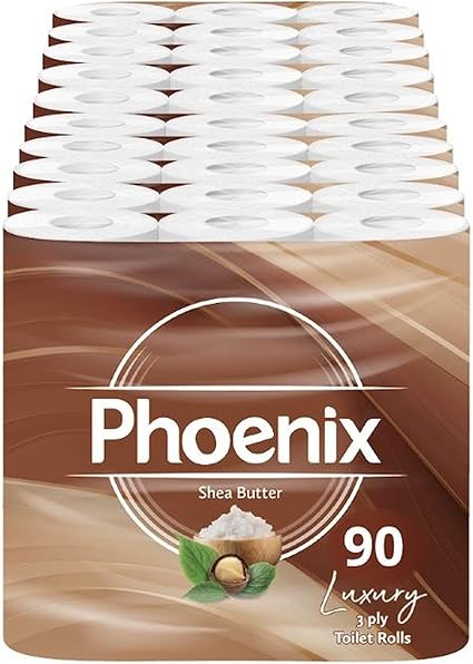 Phoenix Toilet Rolls – 90 Pack | 3 Ply Shea Butter Scented Toilet Paper | Bulk Buy, Soft, Quilted, Sustainably Sourced, Eco- Friendly Luxury Bathroom Tissue