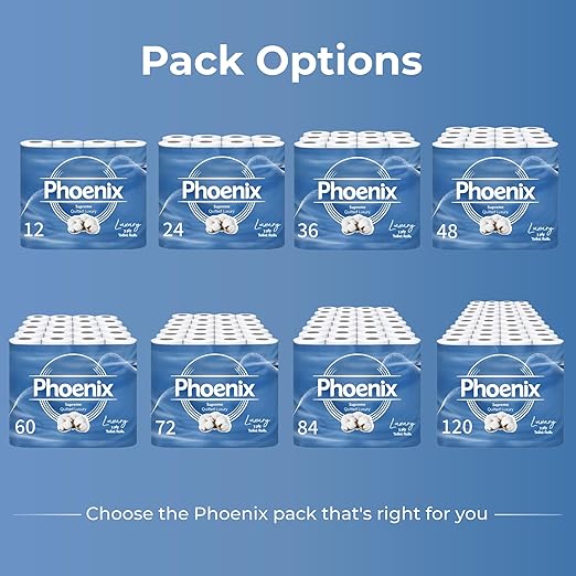 Phoenix Toilet Rolls – 60 Pack | 3 Ply Supreme Unscented Toilet Paper | Bulk Buy, Soft, Quilted, Sustainably Sourced, Eco- Friendly Luxury Bathroom Tissue