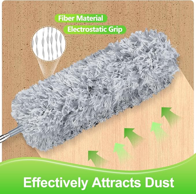 Fogray Extendable Feather Duster, Bendable Microfiber Long Handled with Extra Telescopic Extending Pole and Soft Silicone Cap, Washable Duster for Cleaning Roof, High Ceiling Fan, Blinds, Cobweb