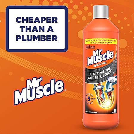 Mr Muscle Drain Unblocker, Sink & Drain Cleaner, Fast Acting Heavy Duty Gel Formula, Dissolves Clogs, Works 3x Better Than Bleach, Safe for All Pipes, Duo Pack, (2 x 1L)