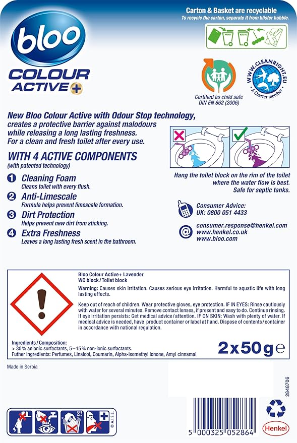 Bloo Colour Active Toilet Rim Block Lavender with Anti-Limescale, Cleaning Foam, Dirt Protection and Extra Freshness - 2 x Rimblocks, purple