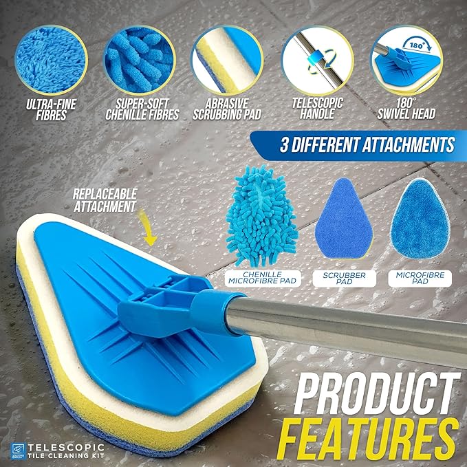 Bathroom Tile Cleaner Telescopic Shower Mop Extendable Bath Cleaning Scrubber Tool (New Telescopic Bathroom Cleaning Kit)