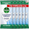 Dettol Antibacterial Cleansing Surface Wipes, Fragrance Free, 126 pack (6 x 126, Total 756 Wipes) Large Value, Household Disinfectant, Home Hygiene, Biodegradable, Kills 99.9 Percent of Germs