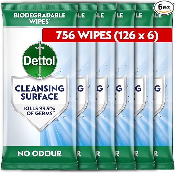 Dettol Antibacterial Cleansing Surface Wipes, Fragrance Free, 126 pack (6 x 126, Total 756 Wipes) Large Value, Household Disinfectant, Home Hygiene, Biodegradable, Kills 99.9 Percent of Germs