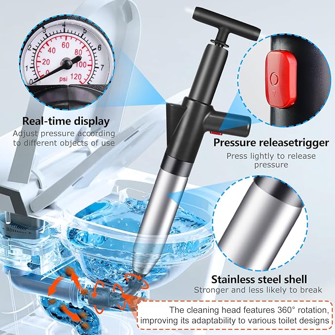 LightingWill High Pressure Toilet Plunger Set, Toilet Unblocker Heavy Duty with A Holder and 4 Replaceable Heads, Toilet Unblocker Tools for Unblocking Toilet Bathtub Shower Floor Drain and Pipe Clog