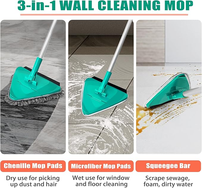 JEHONN 200CM Wall Cleaning Mop with Long Handle, 3-in-1 Ceiling Cleaner Tool Duster with 6 Replacement Microfiber Chenille Pads for Painted Walls, Window, Floor, Baseboard (Green)