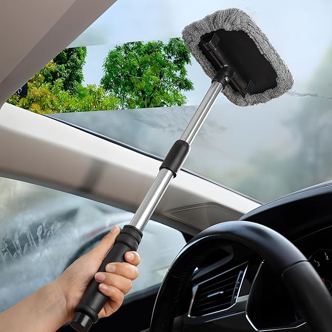 POLYTE Pivoting Extra-long Windshield Glass Cleaning Tool Extendable Aluminum Handle w/3 Premium Microfibre Covers