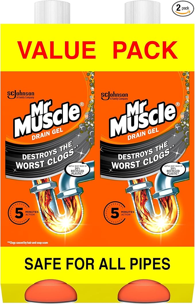 Mr Muscle Drain Unblocker, Sink & Drain Cleaner, Fast Acting Heavy Duty Gel Formula, Dissolves Clogs, Works 3x Better Than Bleach, Safe for All Pipes, Duo Pack, (2 x 1L)