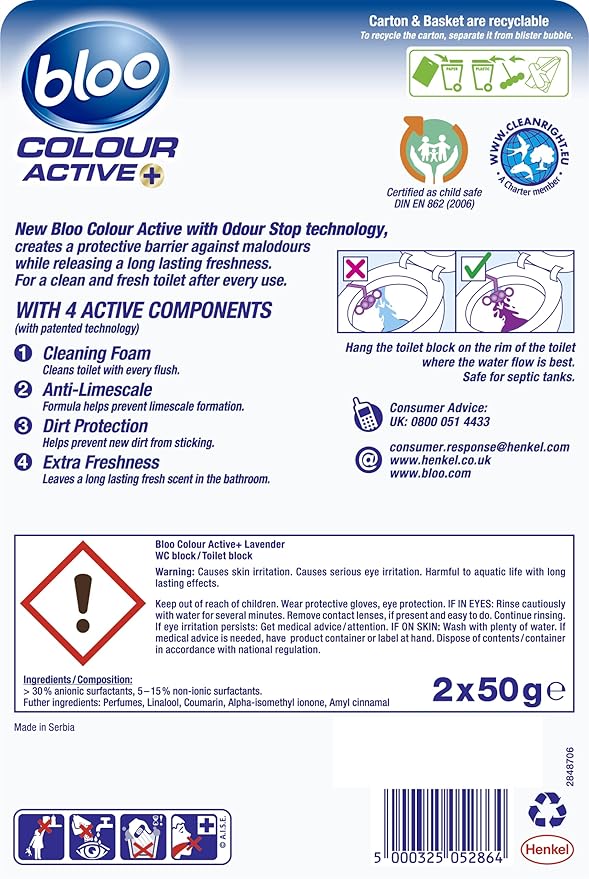 Bloo Colour Active Toilet Rim Block Lavender with Anti-Limescale, Cleaning Foam, Dirt Protection and Extra Freshness - 2 x Rimblocks, purple (Pack of 3)