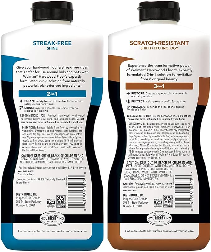 Weiman Hardwood Floor Cleaner and Polish - Restorer Combo - Wood Floor Cleaner - 2 Pack
