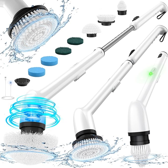 LyriFine Electric Cleaning Brush, Upgraded Full-Body IPX7 Waterproof Electric Spin Scrubber UK, 7 Heads, Long Handle & Dual Speed Electric Brush for Cleaning, Shower Cleaner for Bathroom Floor Tile
