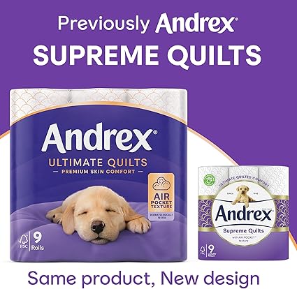 Andrex Ultimate Quilts 9 Mega Toilet Rolls = 13.5 Standard Toilet Rolls, 50% Longer Lasting Paper, Air Pocket Technology for Soft, Thick Sheets, FSC Certified