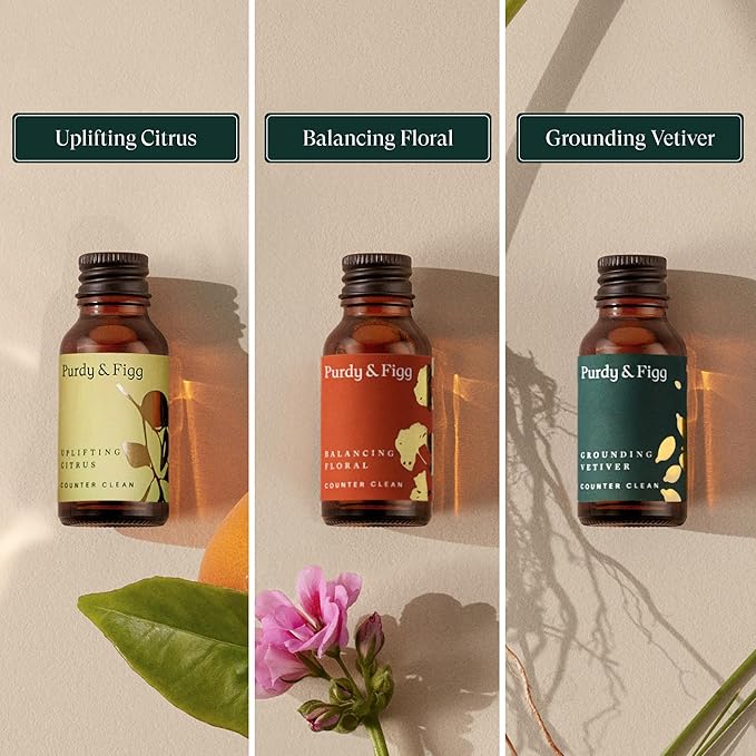 Purdy & Figg | Counter Clean Mixed Starter Kit | All Natural Gentle Non Toxic Organic Essential Oils Multipurpose Cleaner | Citrus Floral Vetiver | Home Kitchen Countertop