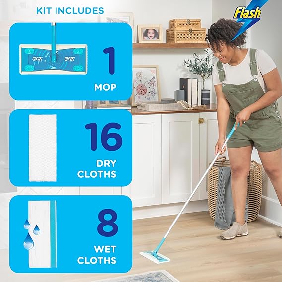 Flash Speedmop Floor Cleaner Starter Kit, Fast Easy and Hygienic (1 Handle, 8 Wet plus 16 Dry Refills), Trap and Lock Daily Dirt, Grease and Grime Without Getting Down On Your Knees