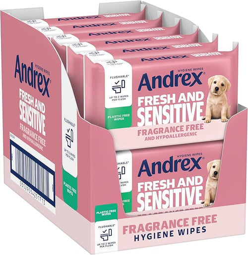 Andrex Fresh and Sensitive Hygiene Wipes, 12 Pack; Flushable Moist Toilet Tissue, Hypoallergenic and Fragrance Free Wet Wipes for Sensitive Skin (Pack of 12), FSC Certified