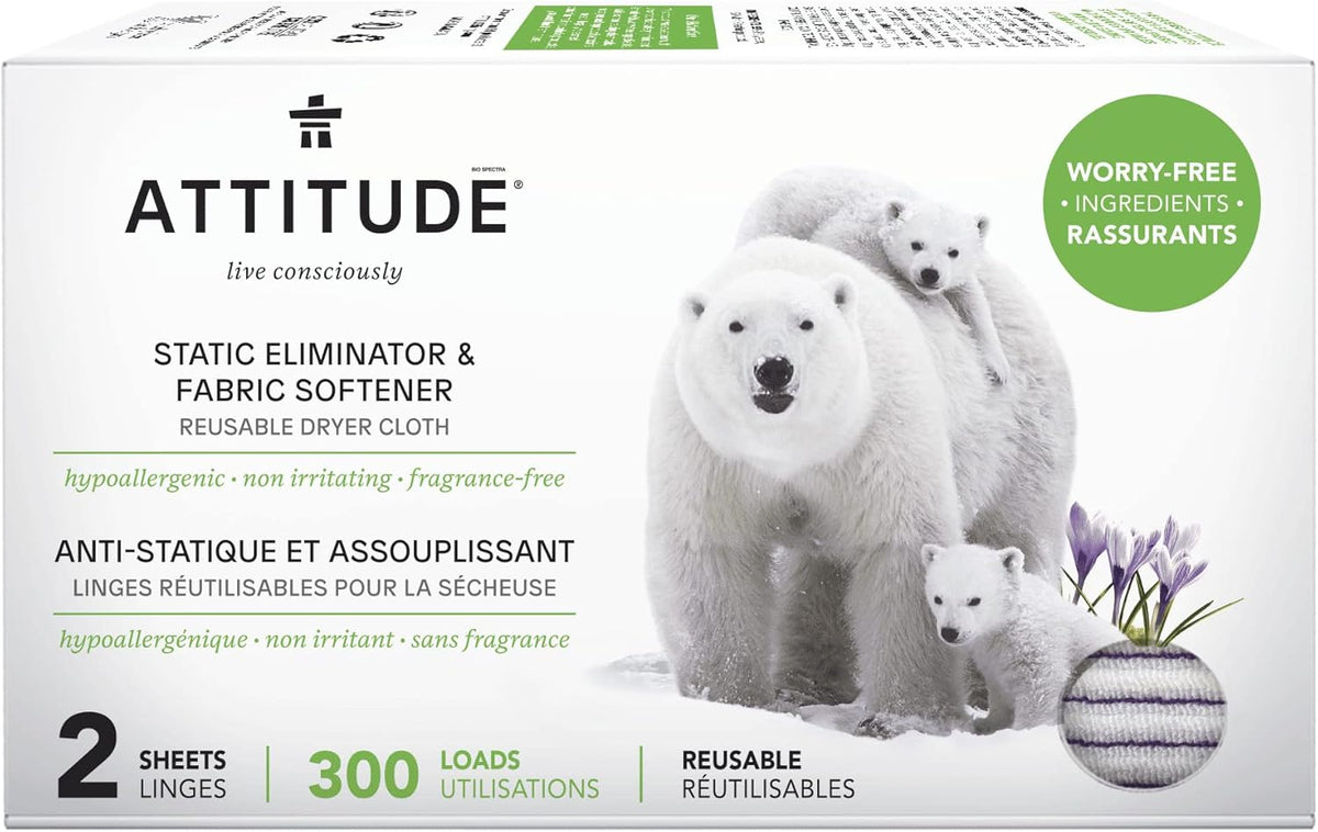 ATTITUDE Reusable Dryer Sheets, Static Eliminator & Fabric Softener, Fragrance-Free Laundry, 300 Loads, 2 Sheets (1 Pack)