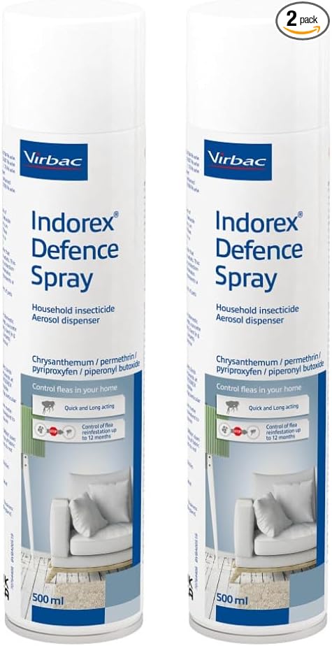 Indorex Defence Household Flea Spray | 2 x 500ml Cans | Protect Home from Fleas & House Dust Mites | Long-Lasting Protection for Up to 12 Months