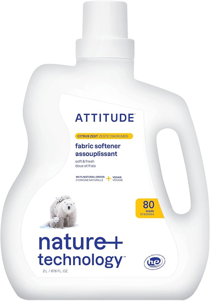 ATTITUDE Liquid Fabric Softener, Plant-Based & Vegan, HE Compatible, Naturally Derived, Citrus Zest Scent, 80 Loads, 2 Liters
